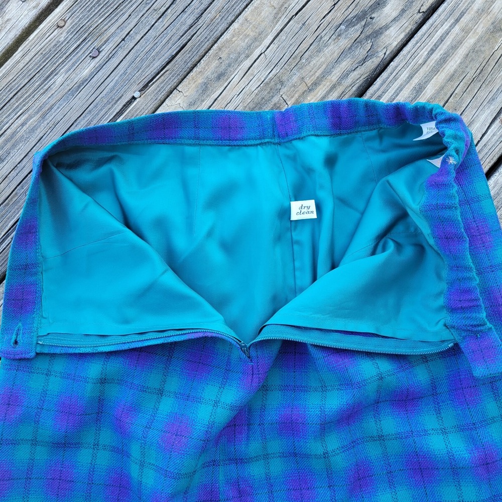 Vintage Pendleton Wool Skirt Womens 14 Long Purple Bluish Green Plaid  Preppy - Picture 5 of 14